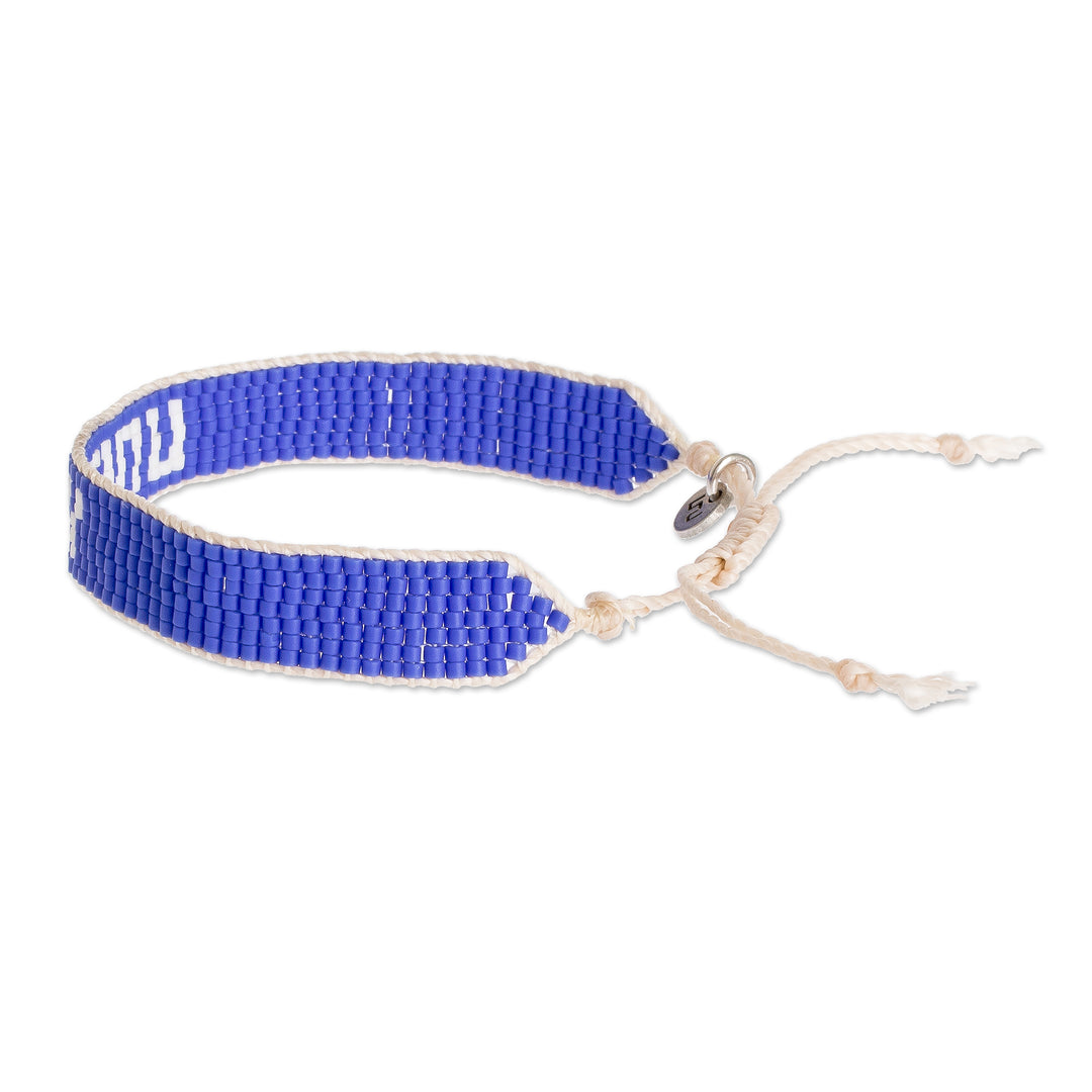 Blue and White Glass Bead Woven Bracelet with Sliding Knot - Unity in Blue