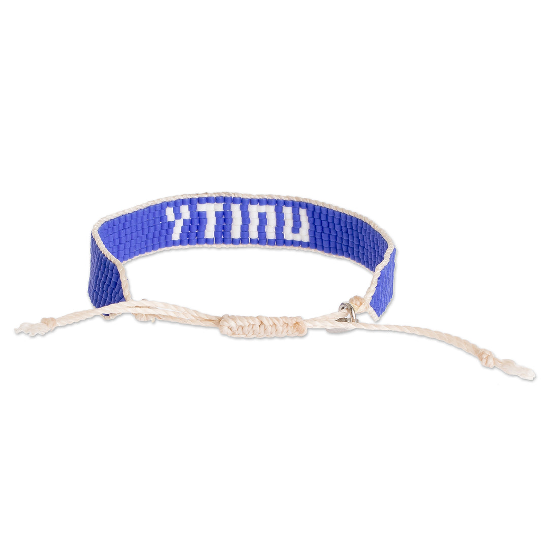 Blue and White Glass Bead Woven Bracelet with Sliding Knot - Unity in Blue