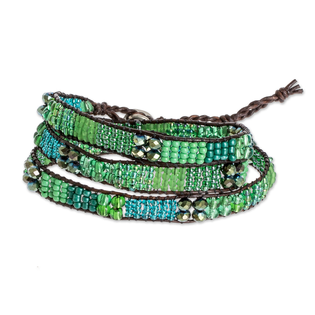Glass Bead and Leather Wrap Bracelet in Green and Blue - Budding Spring