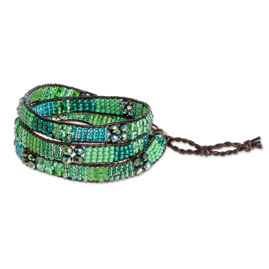Glass Bead and Leather Wrap Bracelet in Green and Blue - Budding Spring