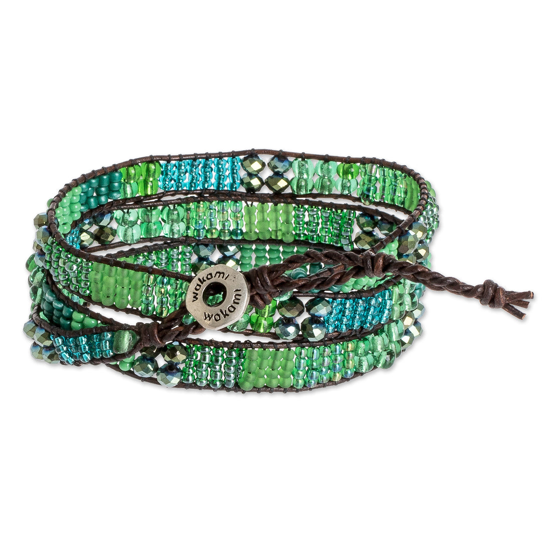 Glass Bead and Leather Wrap Bracelet in Green and Blue - Budding Spring