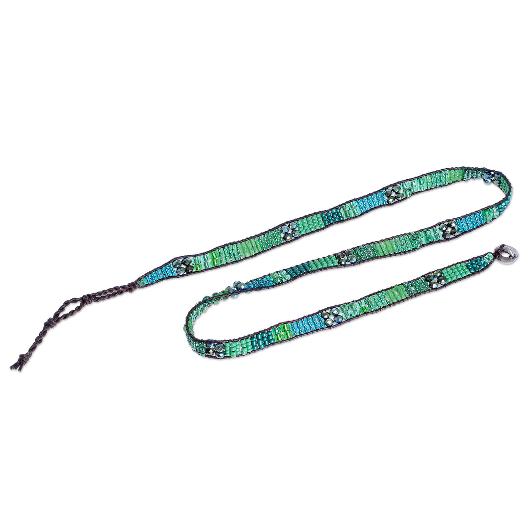 Glass Bead and Leather Wrap Bracelet in Green and Blue - Budding Spring