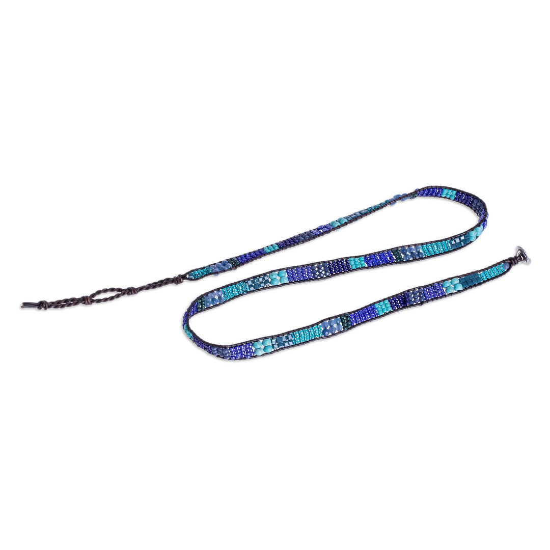 Blue and Sea Green Beaded Bracelet with Leather Trim - Leather-Bound Sea