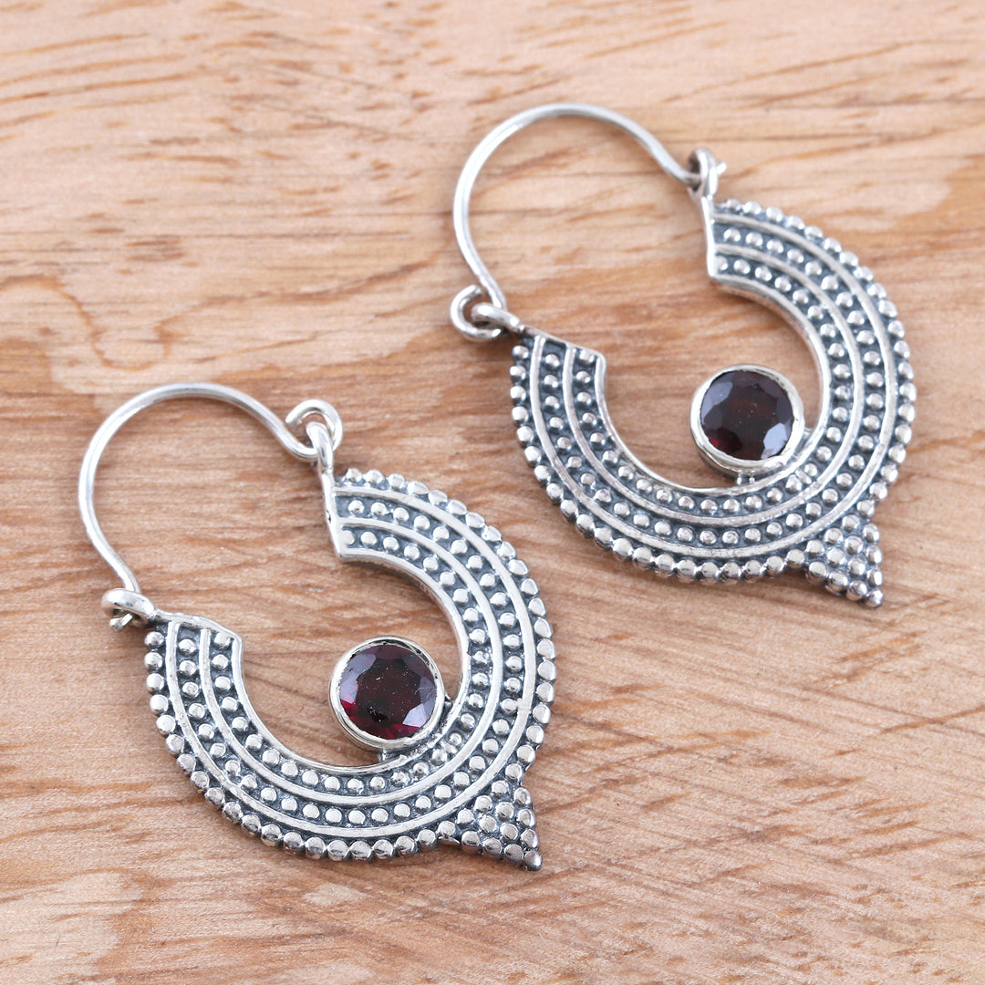 Oxidized Sterling Silver Hoop Earrings with Red Garnet - Cradle Moon