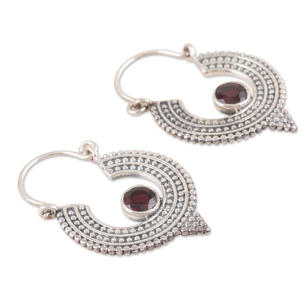 Oxidized Sterling Silver Hoop Earrings with Red Garnet - Cradle Moon