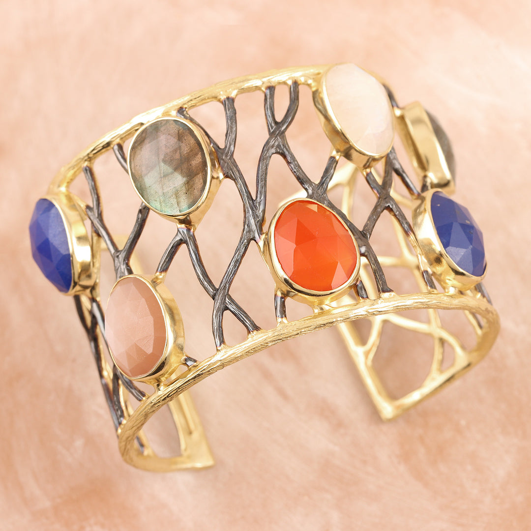 Gold-Plated Rainbow Moonstone and Rose Quartz Bracelet - Color Pop