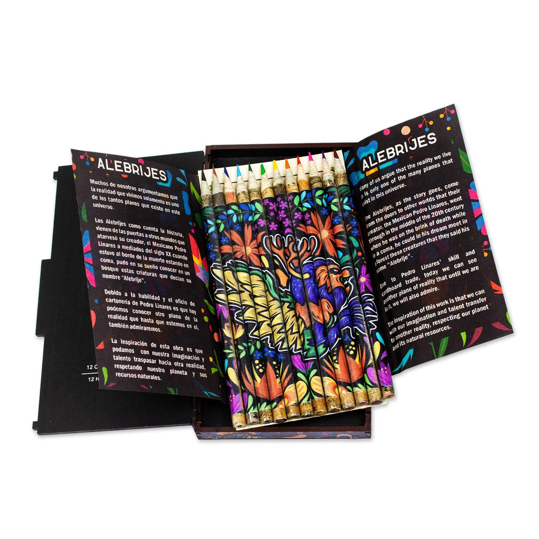 Recycled Paper Colored Pencil Set in Wood Box from Mexico - Magical Alebrijes
