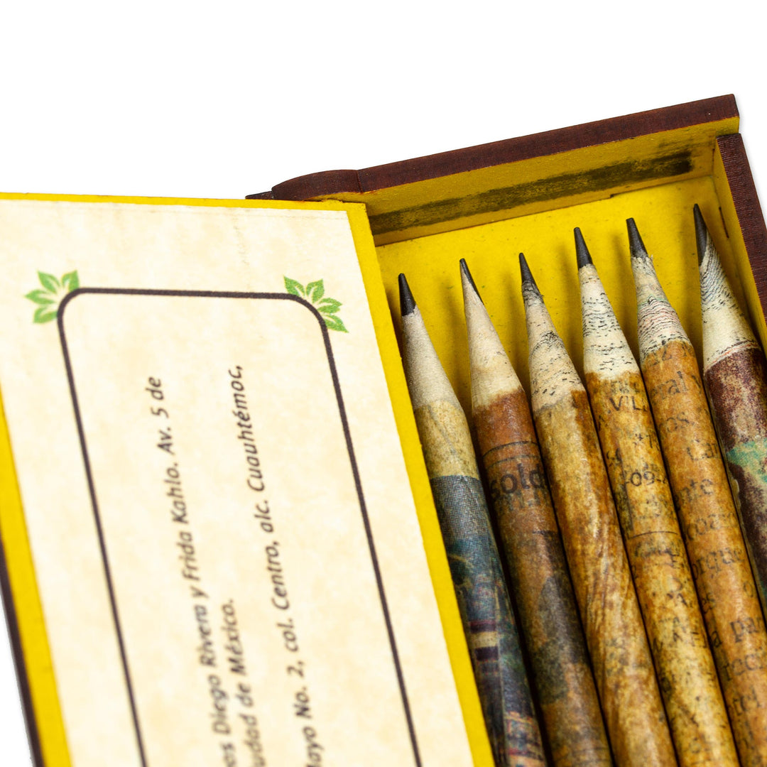 Boxed Set of Six Pencils Made With Recycled Newspaper - Diego and Frida in Yellow