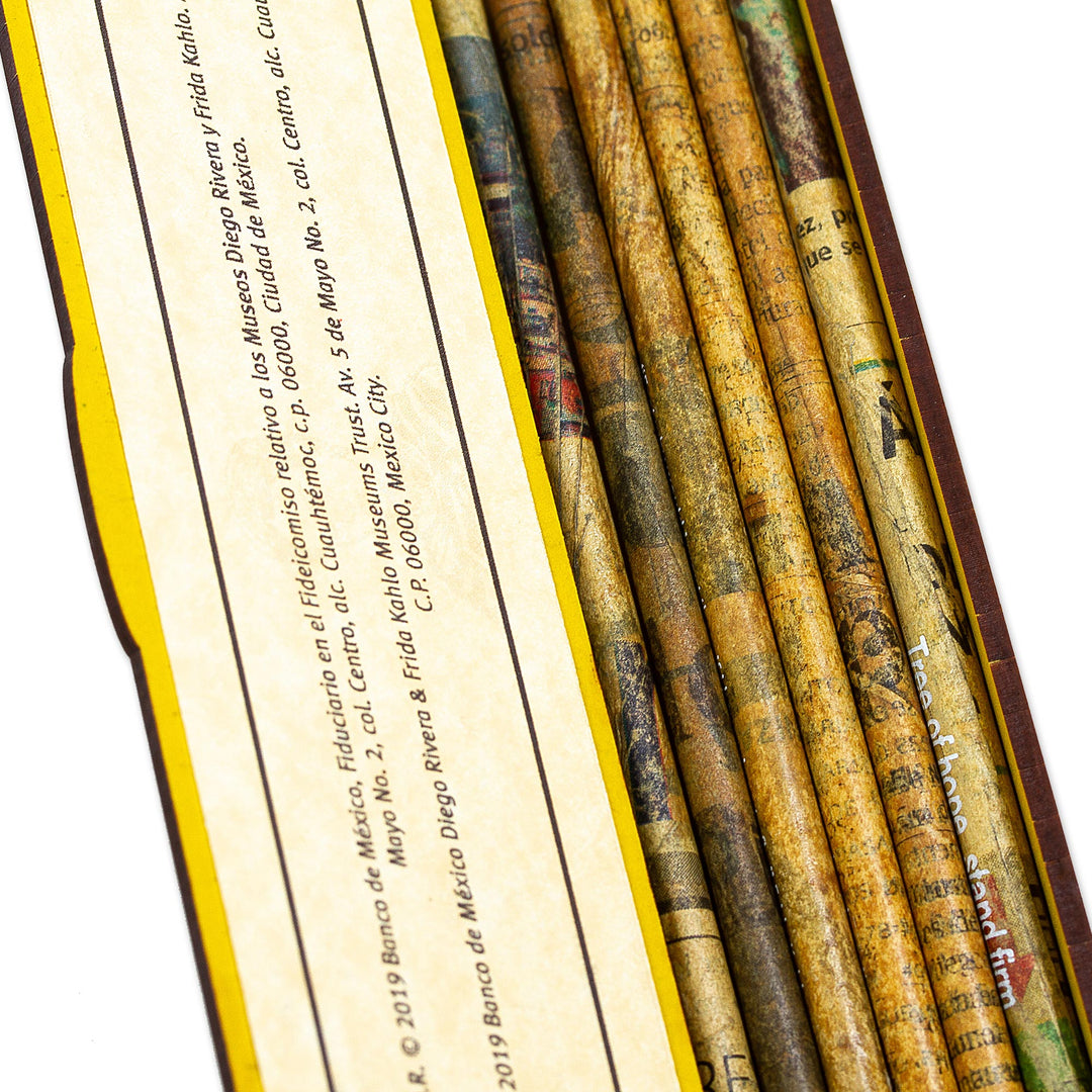 Boxed Set of Six Pencils Made With Recycled Newspaper - Diego and Frida in Yellow
