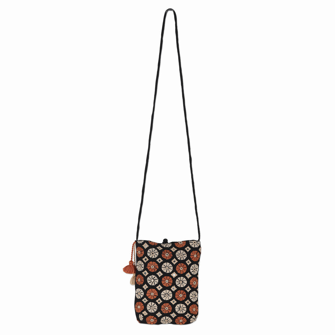 Hand-Embroidered Cotton Sling Bag from India - Spinning Blossoms