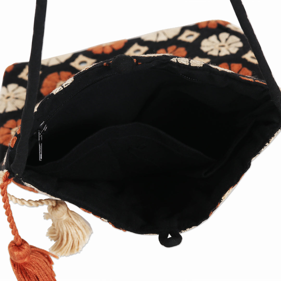 Hand-Embroidered Cotton Sling Bag from India - Spinning Blossoms