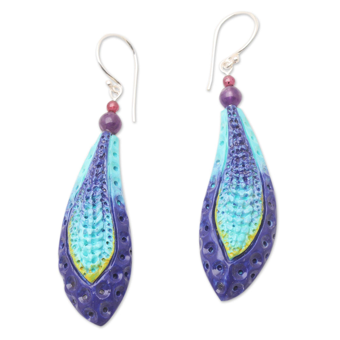 Hand Crafted Garnet and Amethyst Dangle Earrings - Deep Ocean Blue