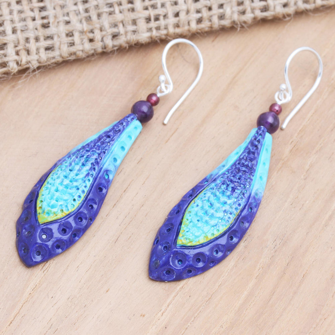 Hand Crafted Garnet and Amethyst Dangle Earrings - Deep Ocean Blue