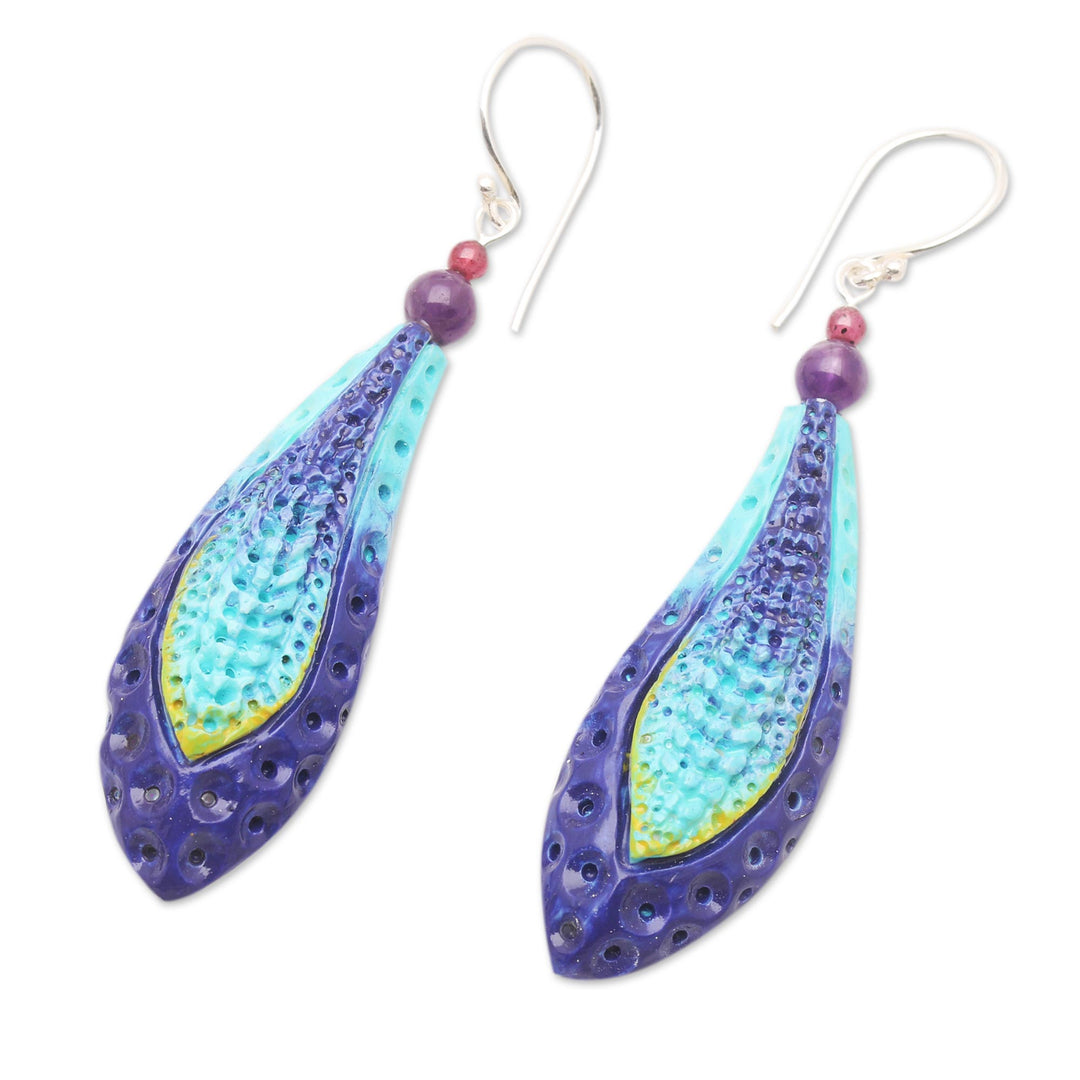 Hand Crafted Garnet and Amethyst Dangle Earrings - Deep Ocean Blue
