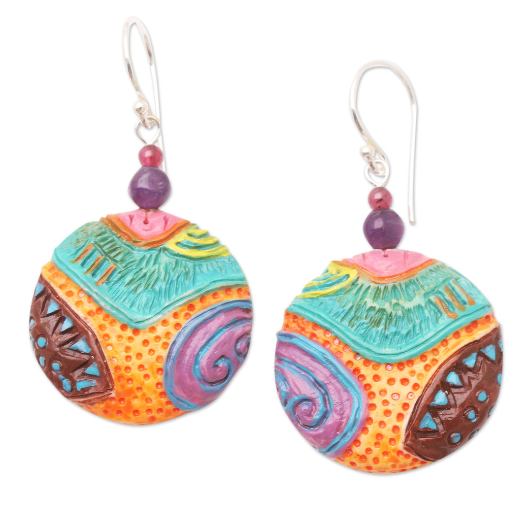 Artisan Crafted Garnet and Amethyst Dangle Earrings - Mossy Rocks