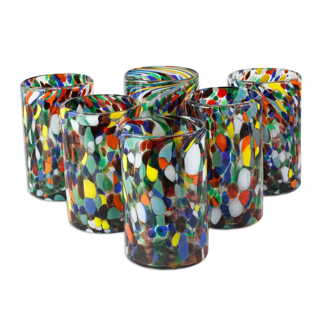Multicolored Spotted Glass Tumblers from Mexico (Set of 6) - Large Mod Spots