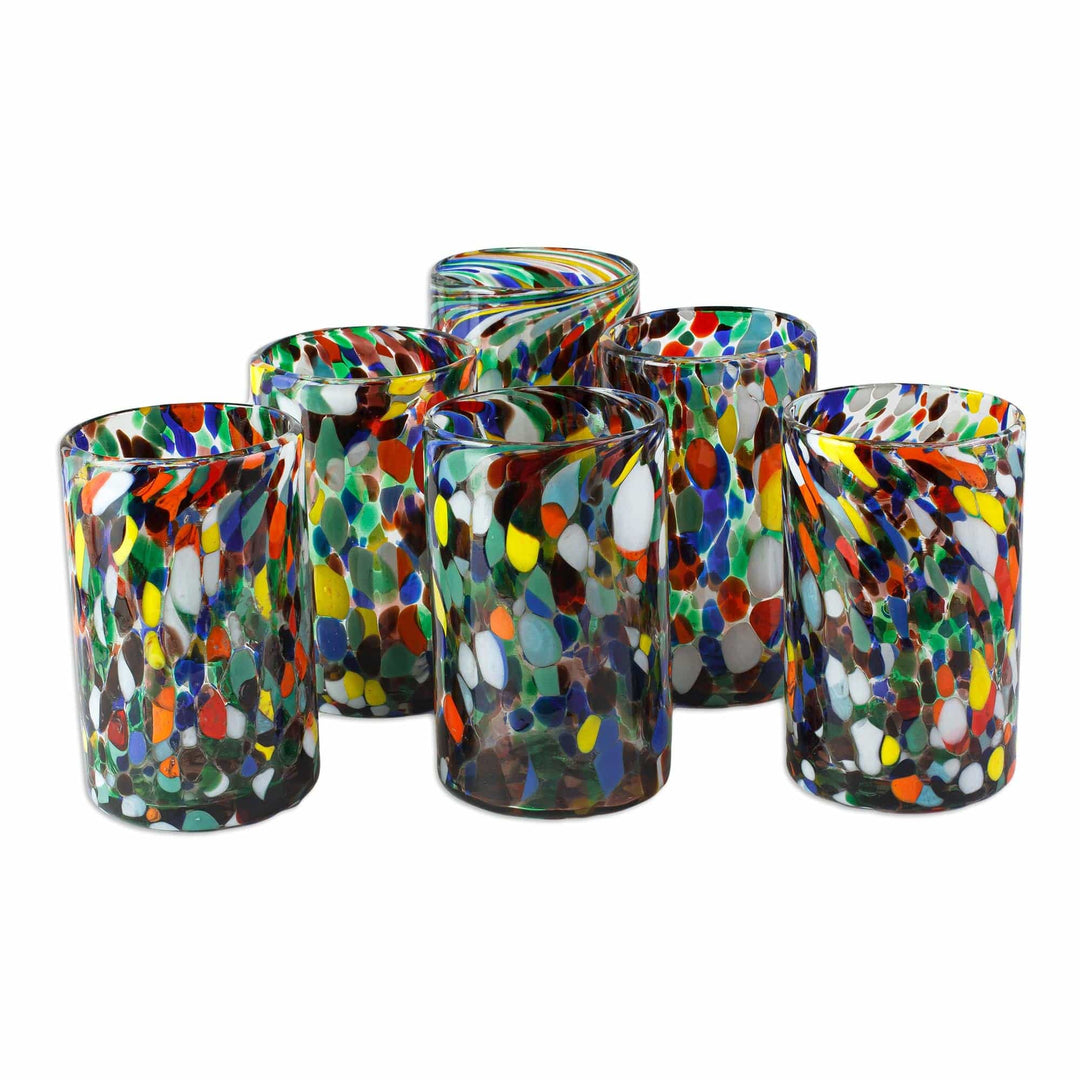 Multicolored Spotted Glass Tumblers from Mexico (Set of 6) - Large Mod Spots