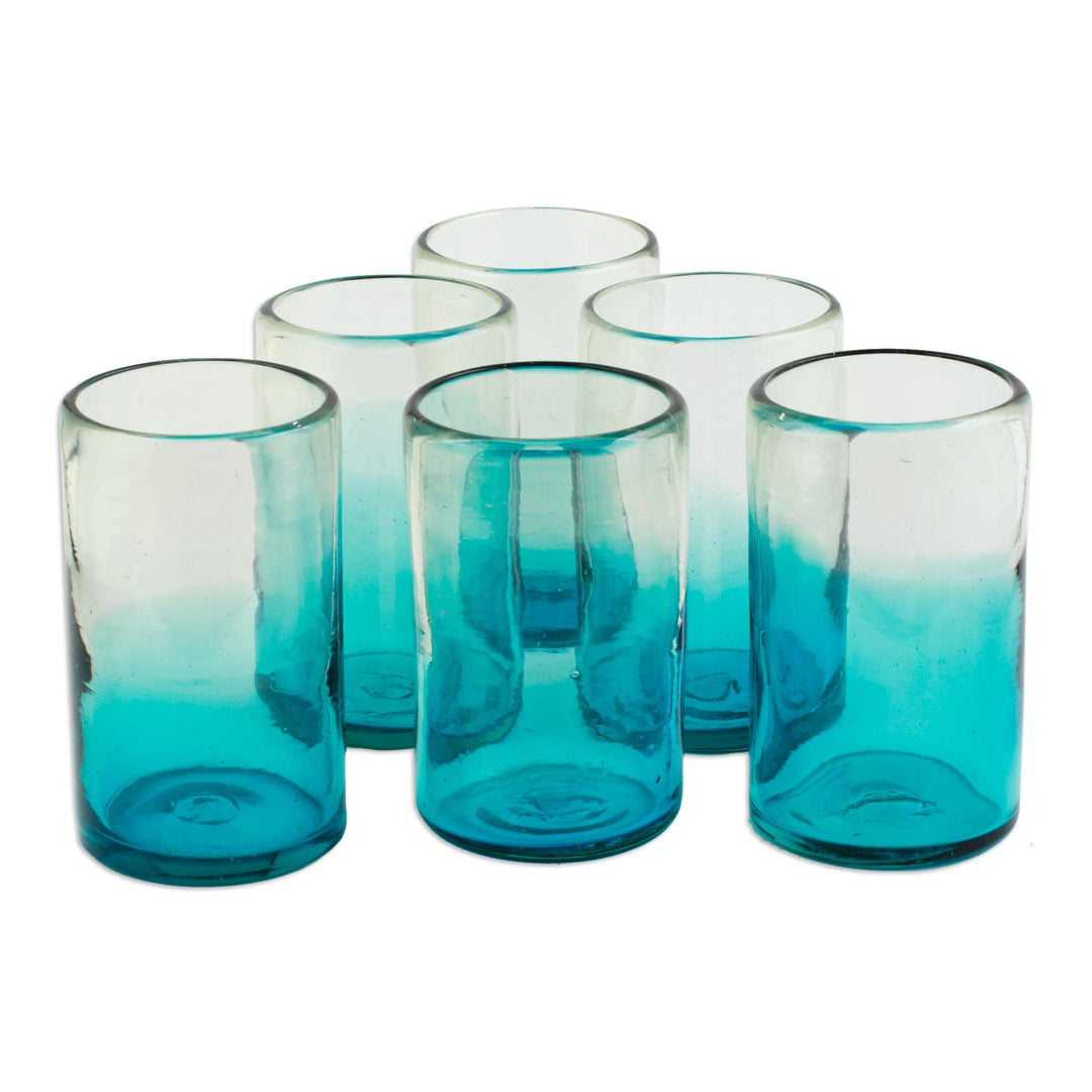 Turquoise Recycled Glass Tumblers from Mexico (Set of 6) - Tall Cooling Aquamarine