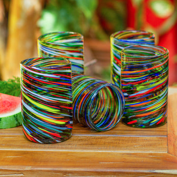 Whirling Multicolored Recycled Glass Tumblers (Set of 6) - Swirling Rainbows
