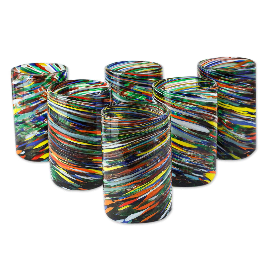 Whirling Multicolored Recycled Glass Tumblers (Set of 6) - Swirling Rainbows