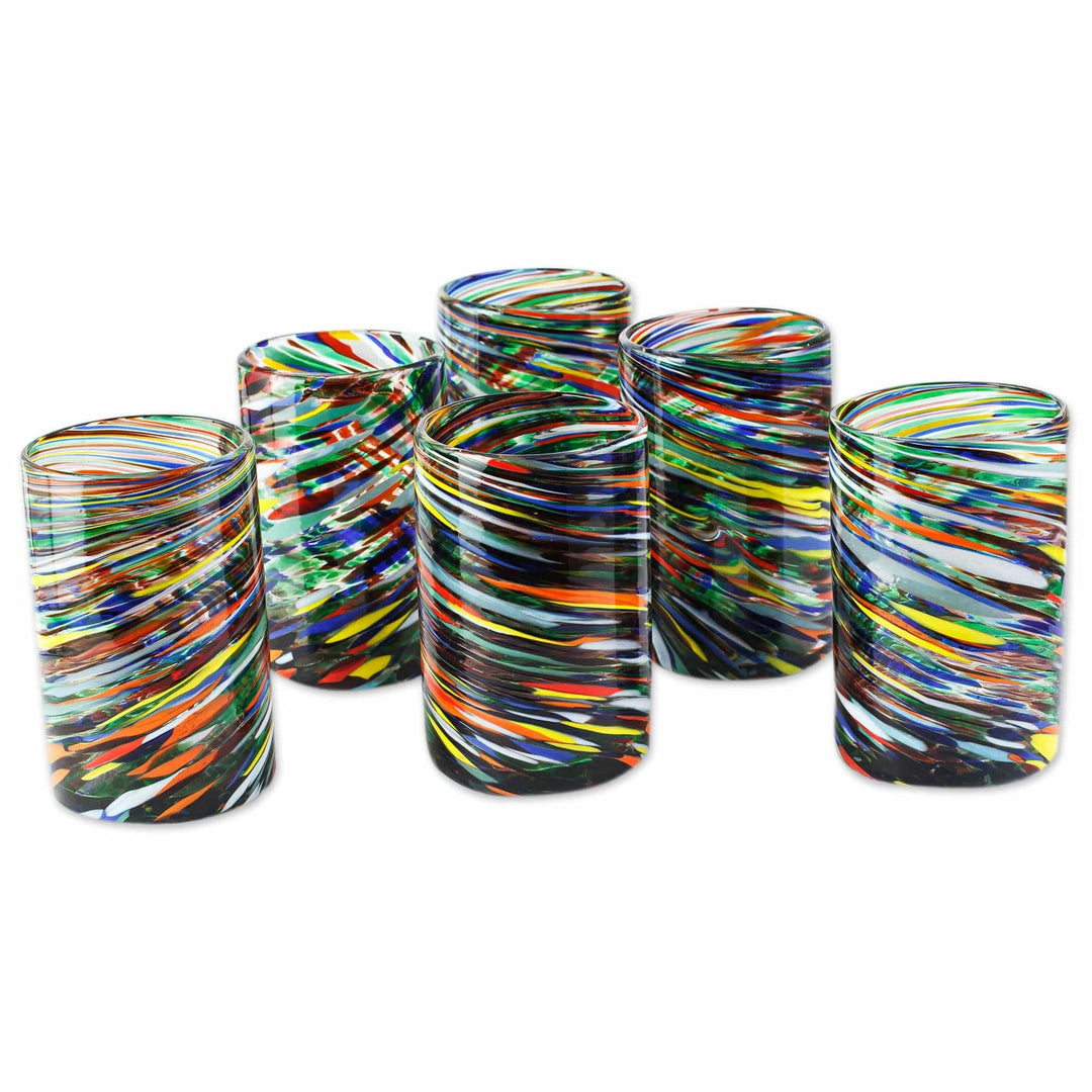 Whirling Multicolored Recycled Glass Tumblers (Set of 6) - Swirling Rainbows