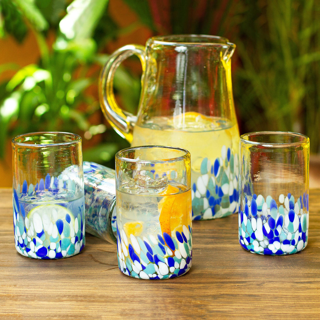 Blue and White Spotted Glass Tumblers from Mexico (Set of 6) - Blown Blue