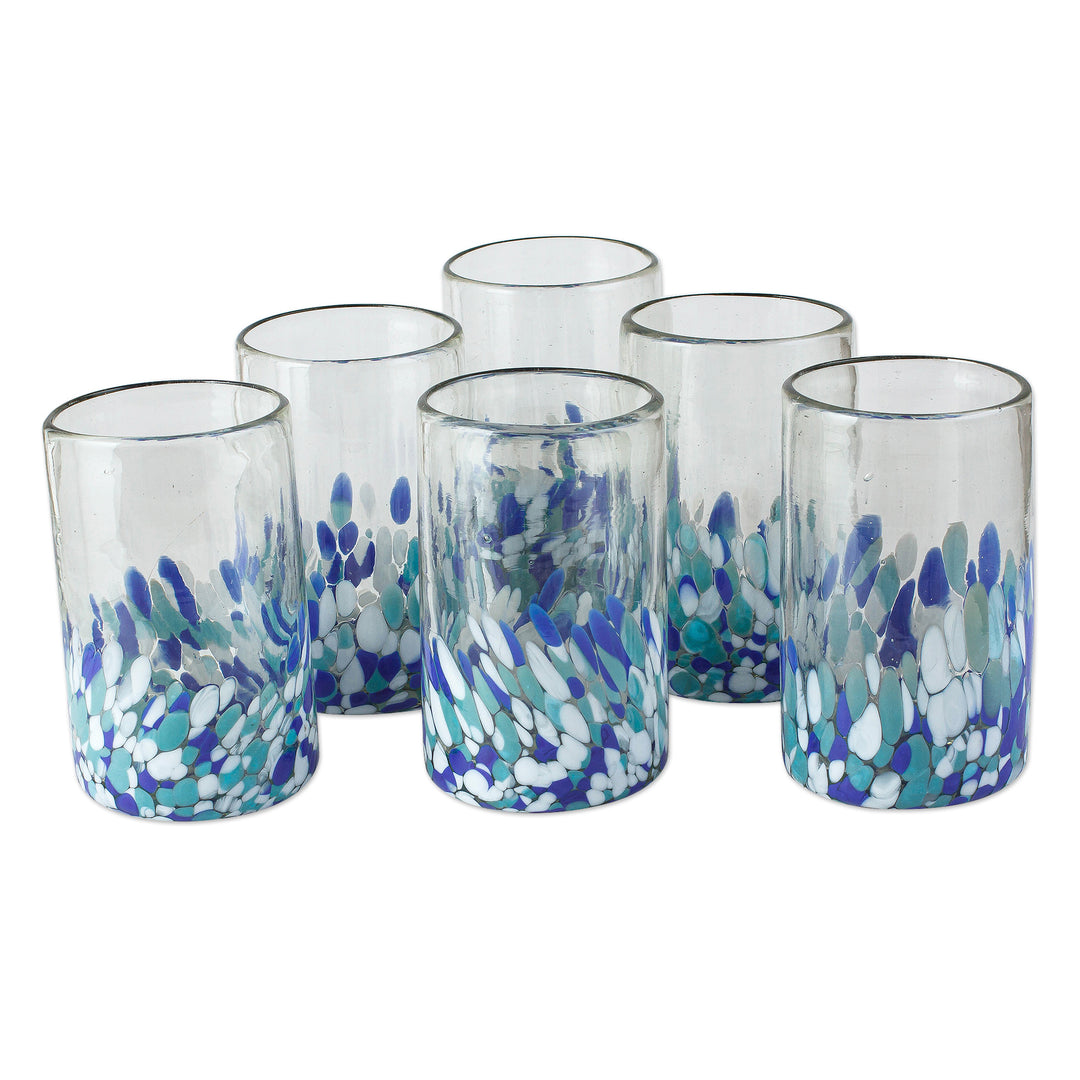 Blue and White Spotted Glass Tumblers from Mexico (Set of 6) - Blown Blue
