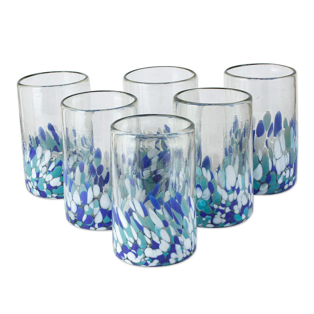 Blue and White Spotted Glass Tumblers from Mexico (Set of 6) - Blown Blue