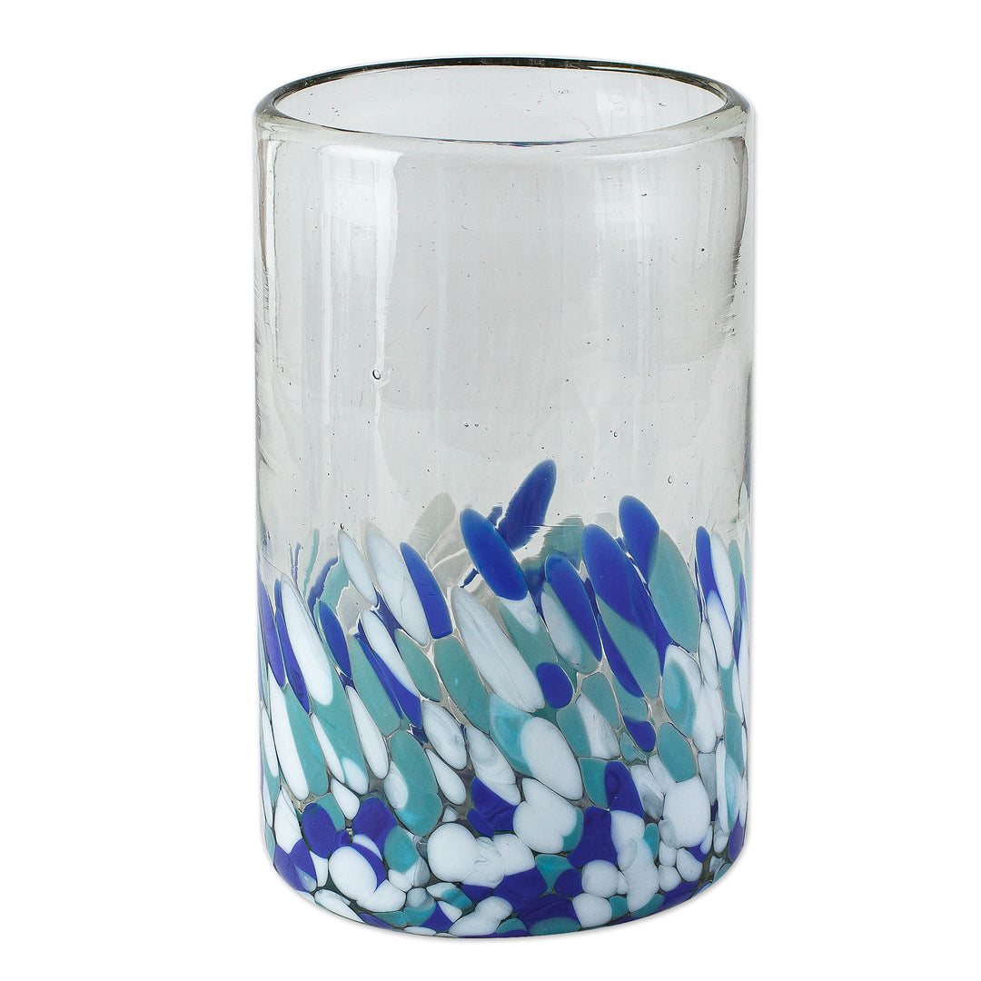 Blue and White Spotted Glass Tumblers from Mexico (Set of 6) - Blown Blue