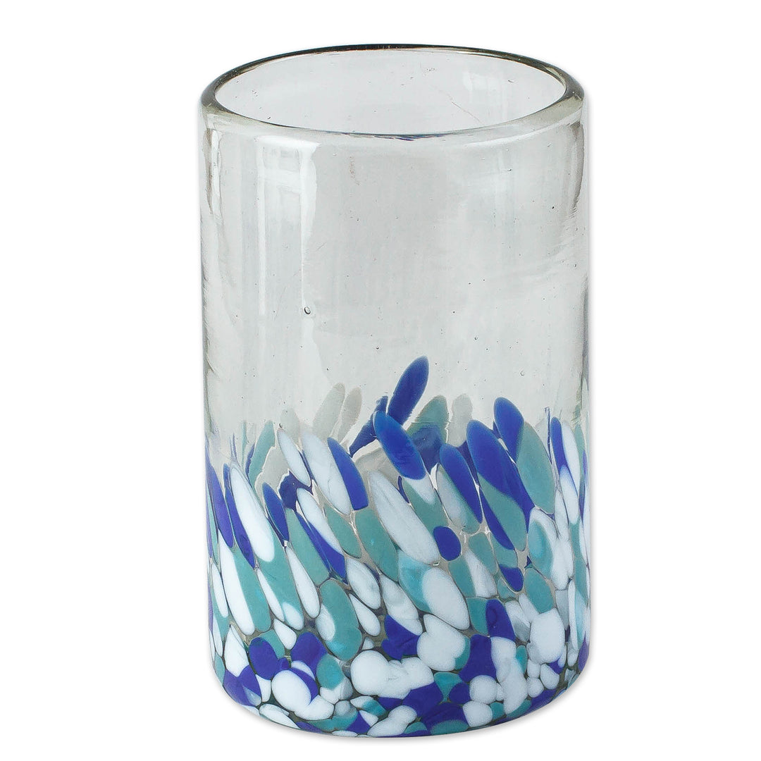 Blue and White Spotted Glass Tumblers from Mexico (Set of 6) - Blown Blue