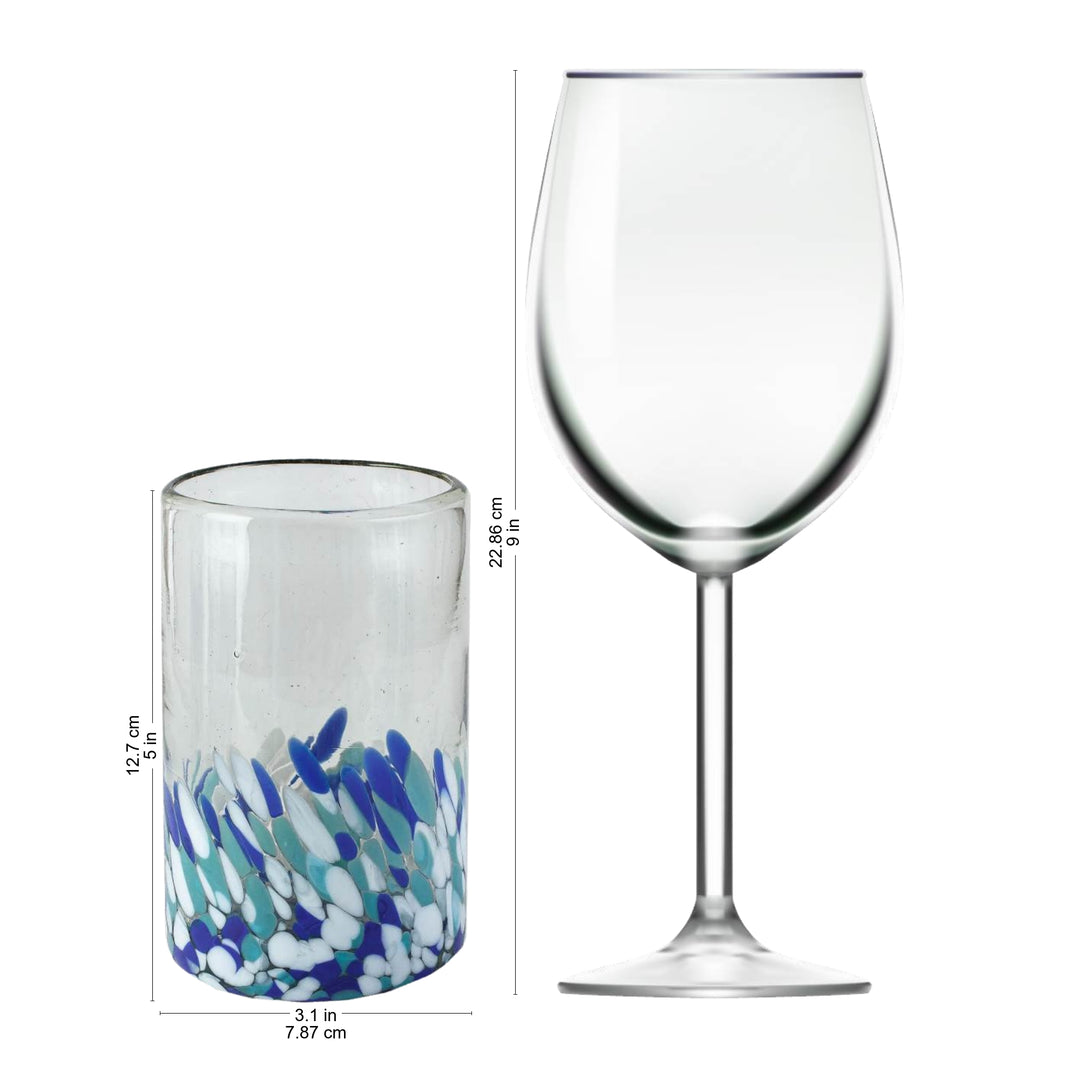 Blue and White Spotted Glass Tumblers from Mexico (Set of 6) - Blown Blue