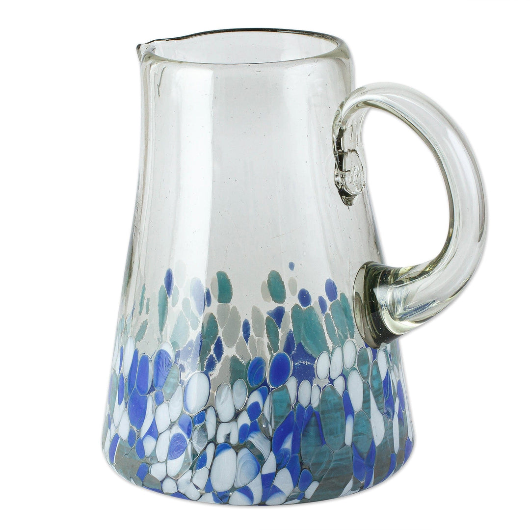 Hand Blown Glass Pitcher with Blue and White from Mexico - Blown Azure