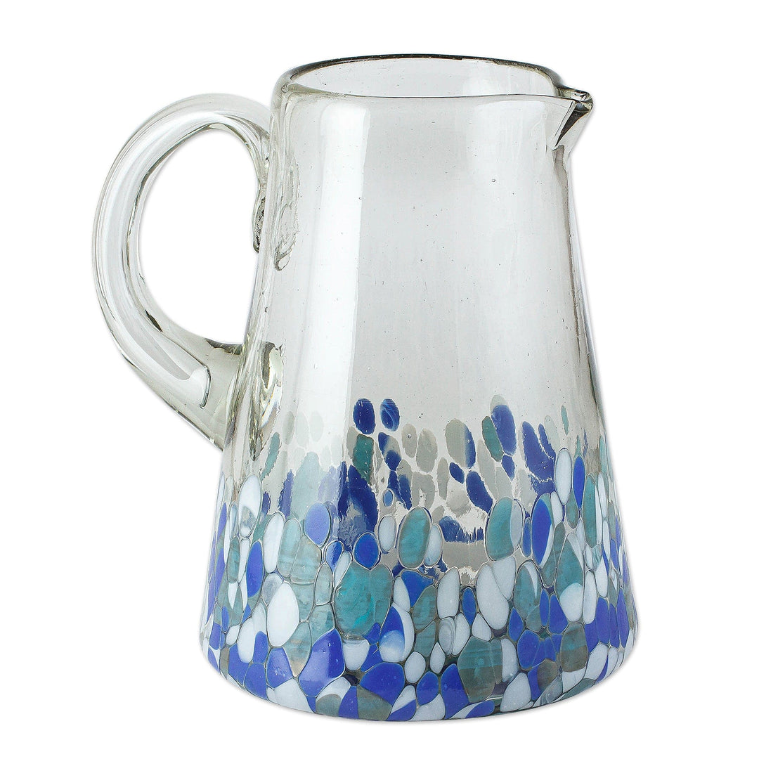 Hand Blown Glass Pitcher with Blue and White from Mexico - Blown Azure