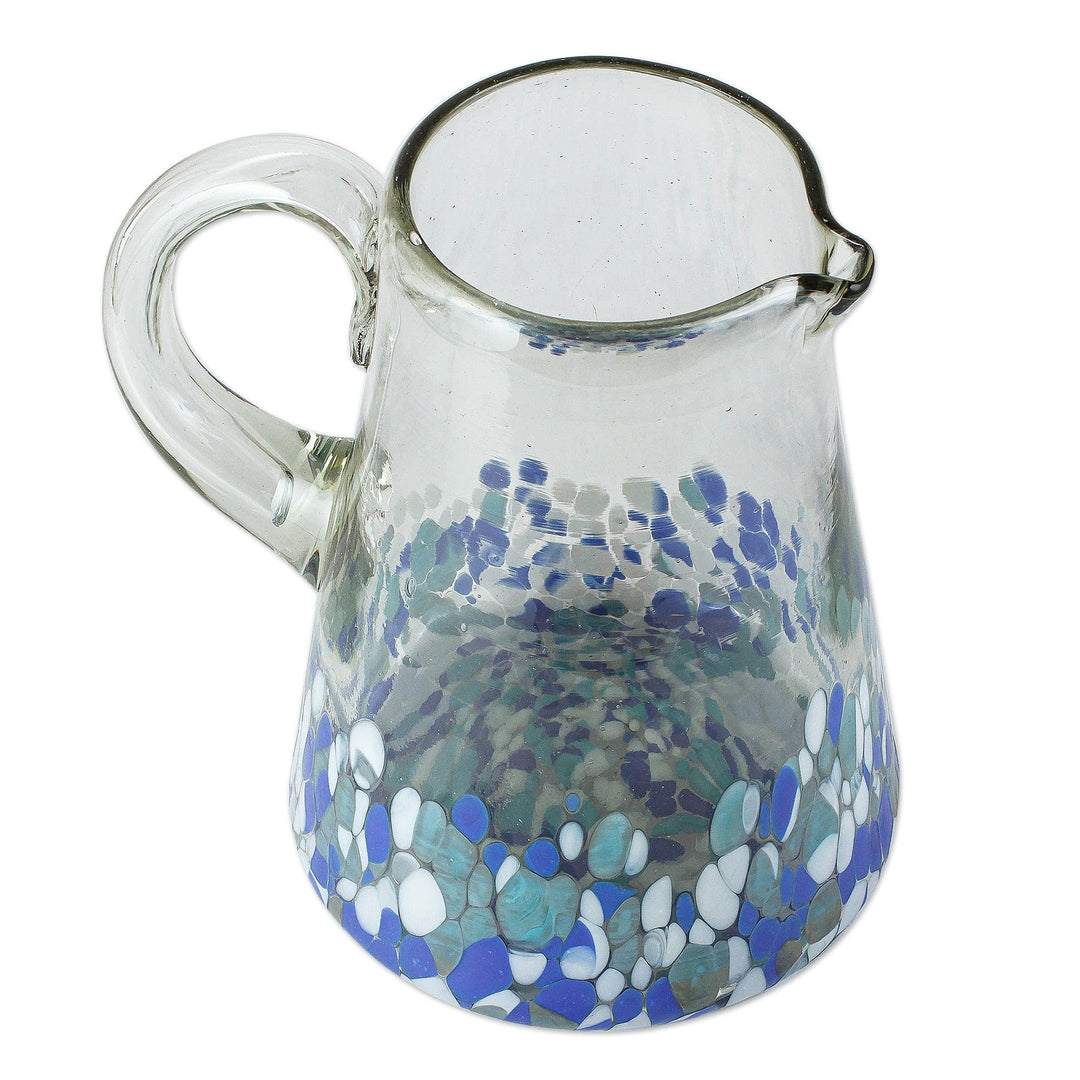 Hand Blown Glass Pitcher with Blue and White from Mexico - Blown Azure
