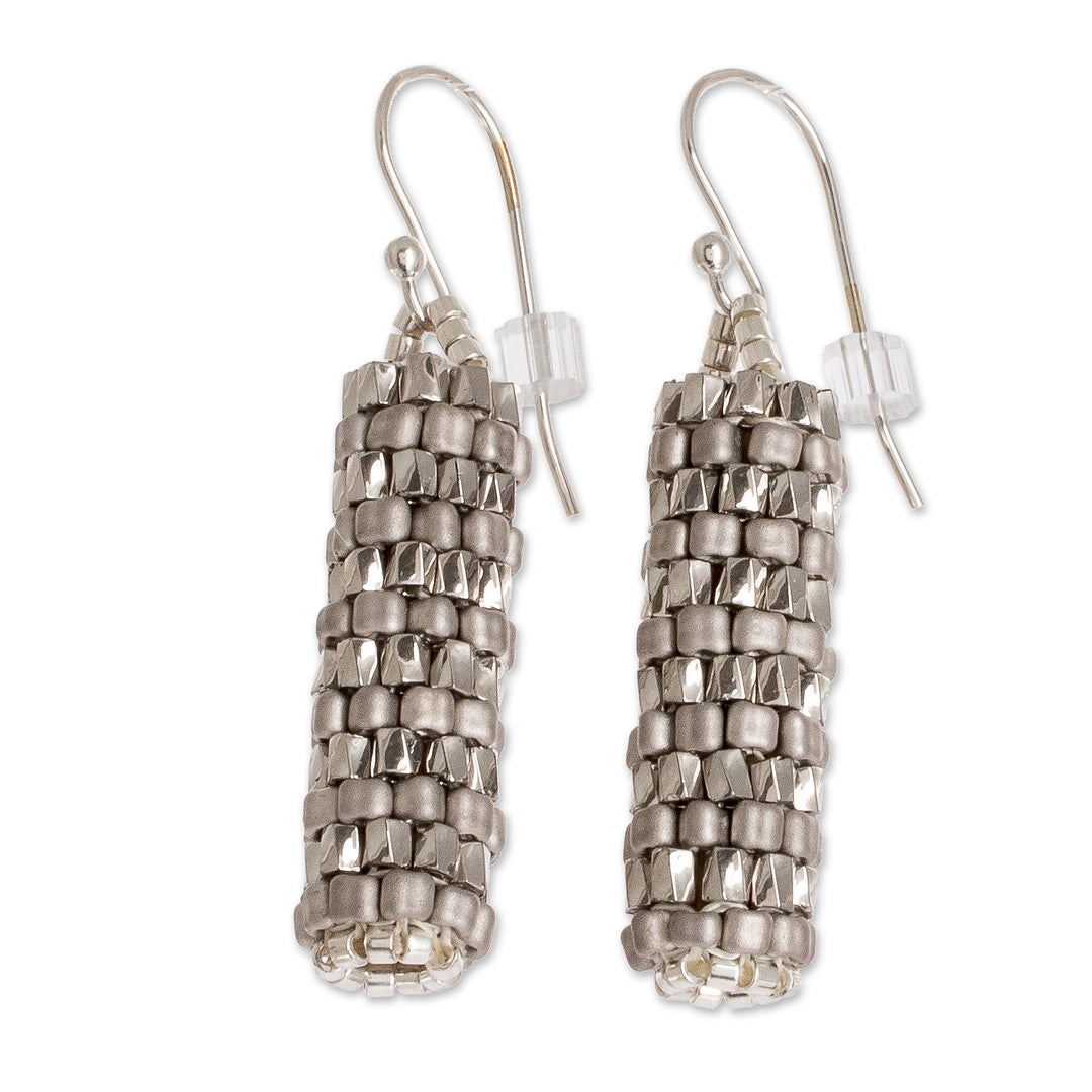 Miyuki Glass Bead Basket Like Dangle Earrings in Silver Tone - Silvery Pillars