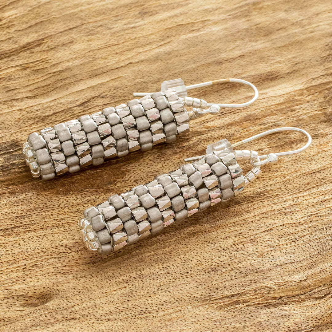Miyuki Glass Bead Basket Like Dangle Earrings in Silver Tone - Silvery Pillars