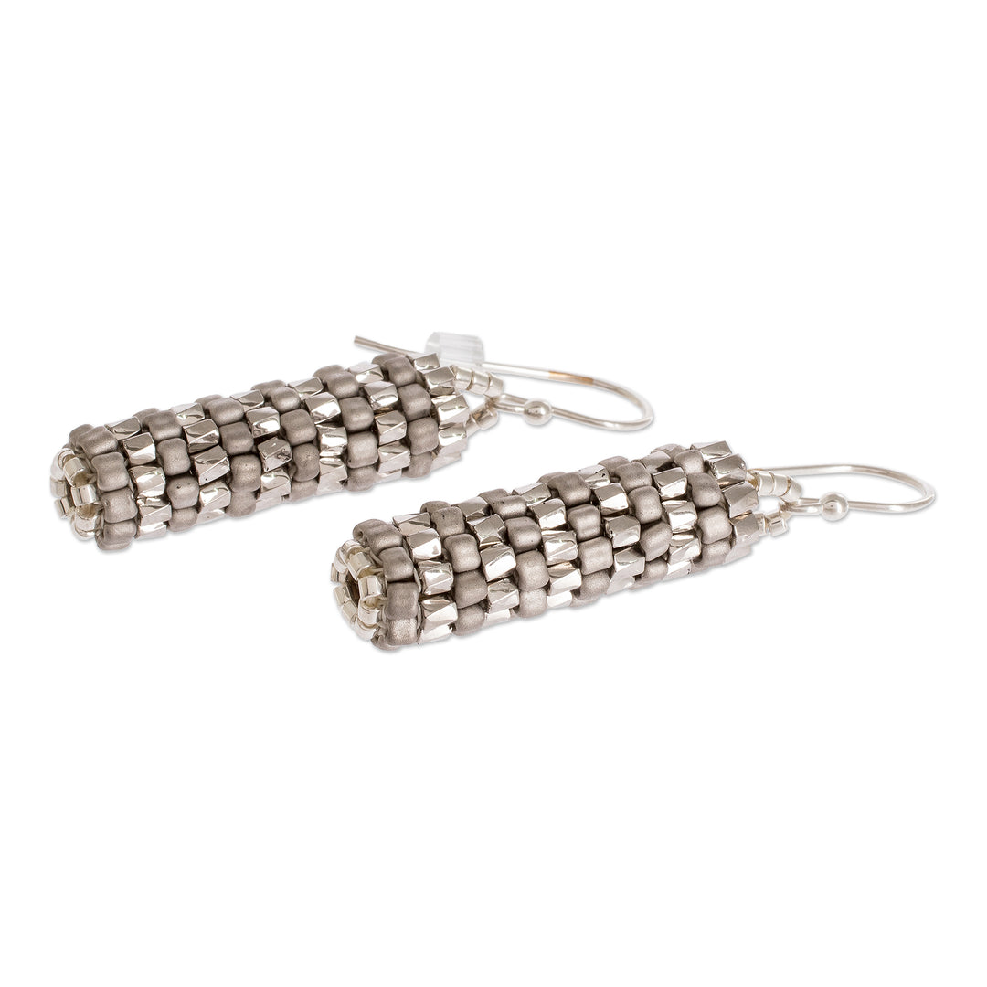Miyuki Glass Bead Basket Like Dangle Earrings in Silver Tone - Silvery Pillars