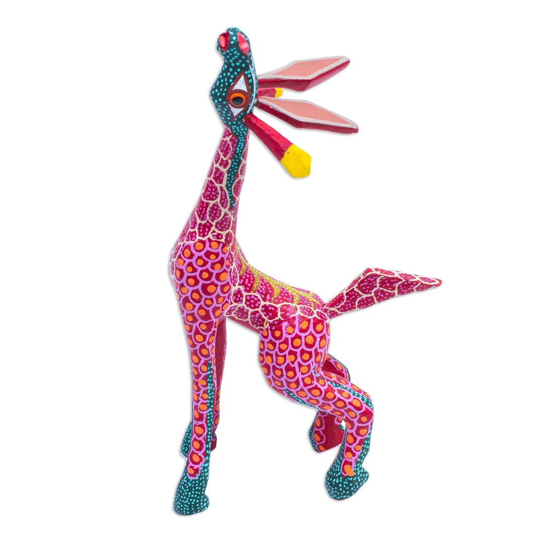Wood Hand Painted Giraffe Alebrije Finely Painted in Red - Stargazing Giraffe in Red