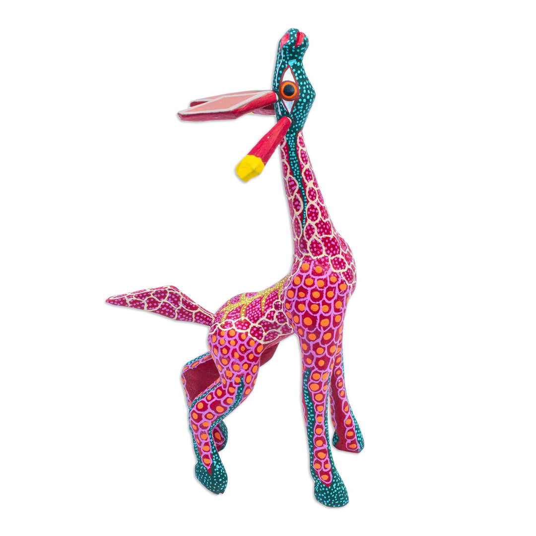 Wood Hand Painted Giraffe Alebrije Finely Painted in Red - Stargazing Giraffe in Red