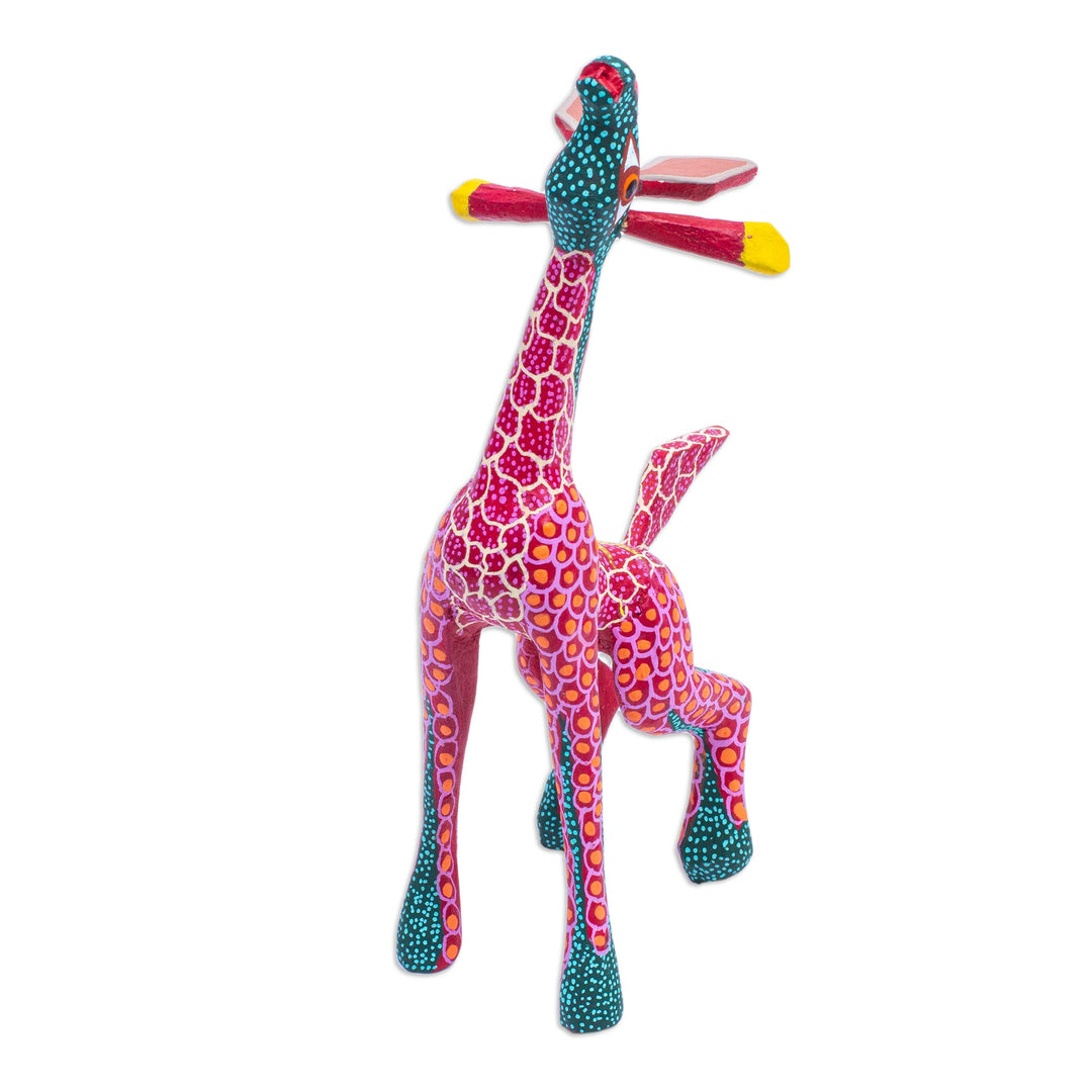 Wood Hand Painted Giraffe Alebrije Finely Painted in Red - Stargazing Giraffe in Red
