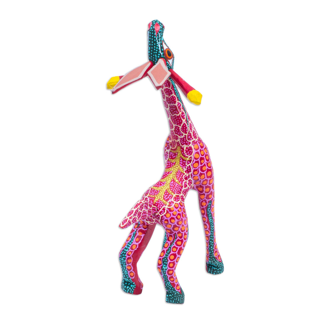 Wood Hand Painted Giraffe Alebrije Finely Painted in Red - Stargazing Giraffe in Red