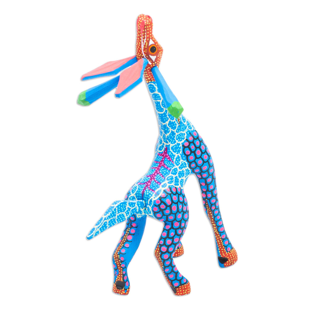 Wood Giraffe Alebrije Hand Painted in Blue and Ochre - Stargazing Giraffe in Blue