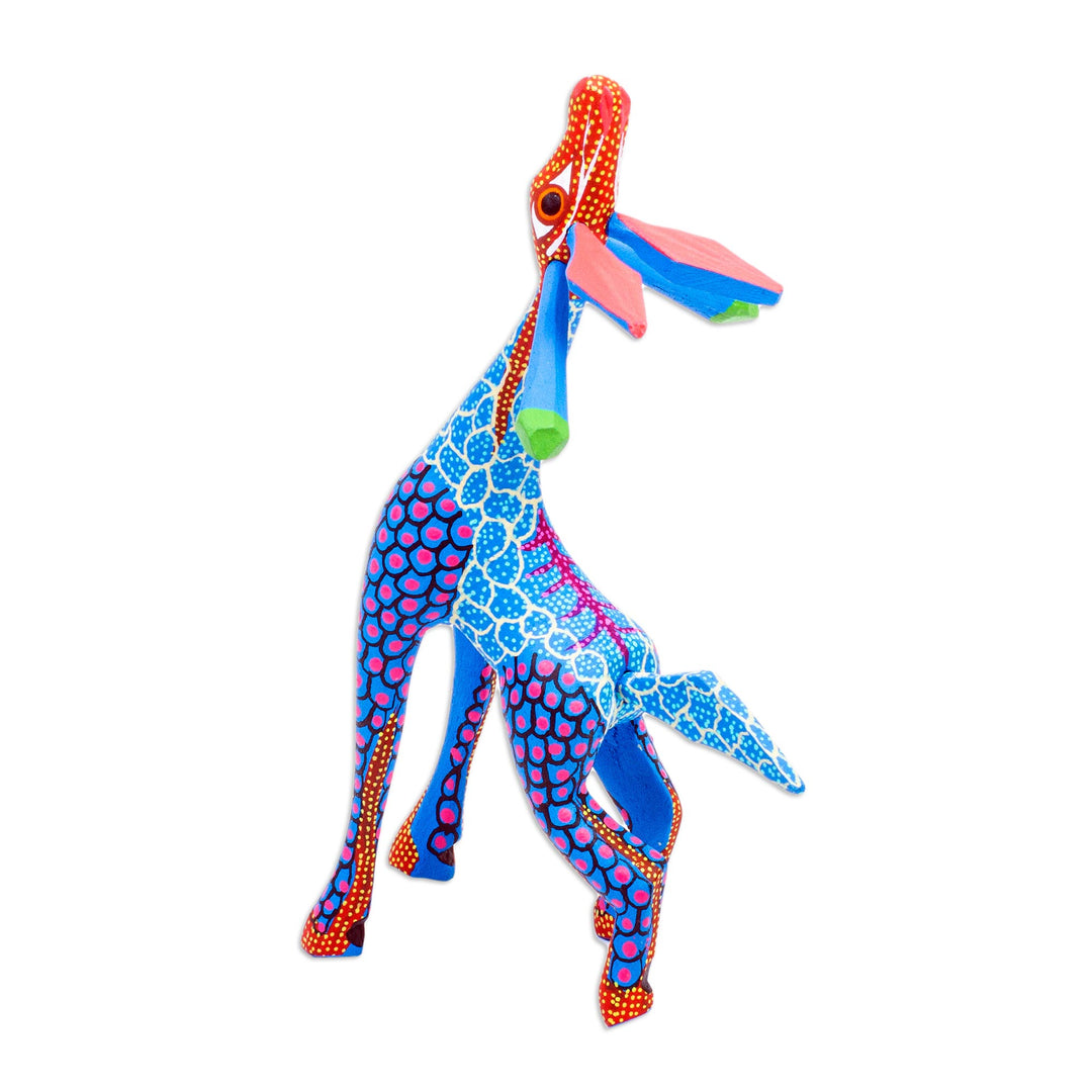 Wood Giraffe Alebrije Hand Painted in Blue and Ochre - Stargazing Giraffe in Blue