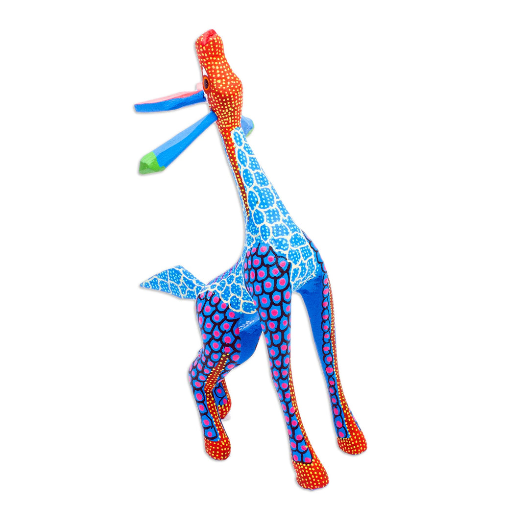 Wood Giraffe Alebrije Hand Painted in Blue and Ochre - Stargazing Giraffe in Blue