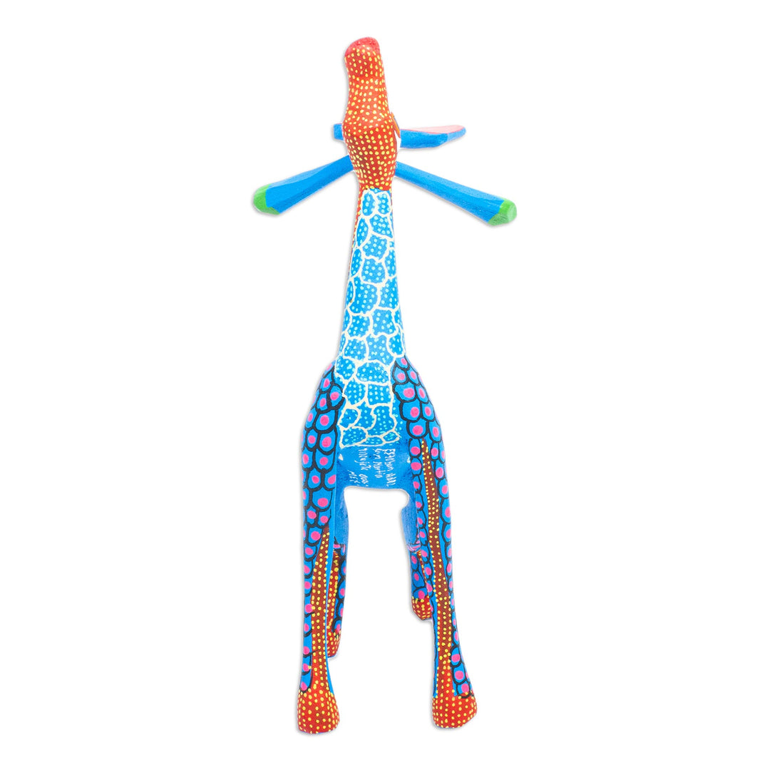 Wood Giraffe Alebrije Hand Painted in Blue and Ochre - Stargazing Giraffe in Blue