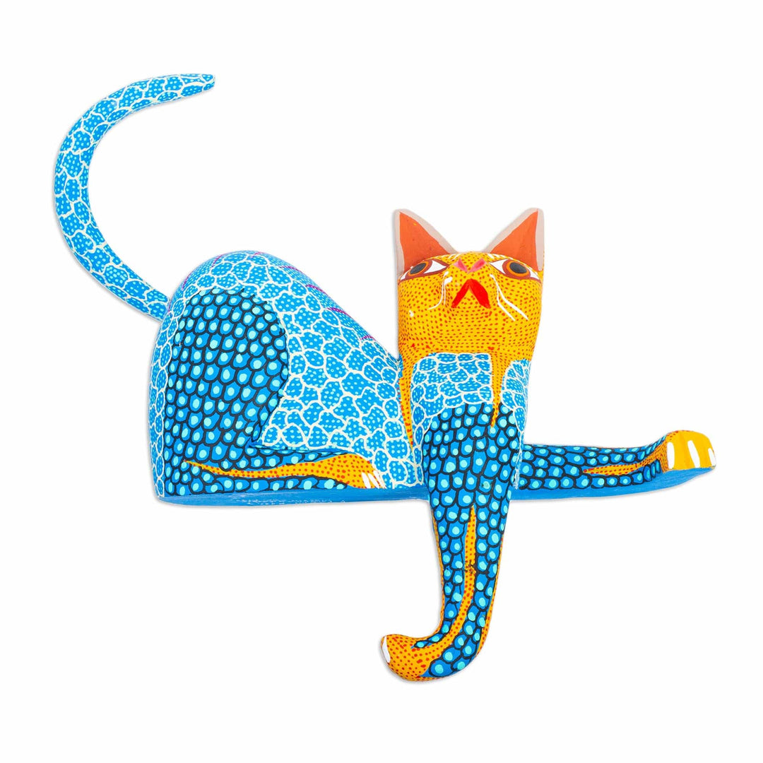 Copal Wood Cat Alebrije in Blue for Shelves from Oaxaca - My Domain in Blue