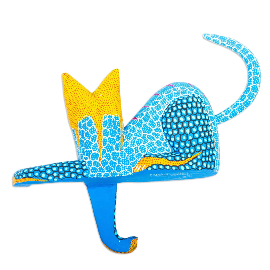 Copal Wood Cat Alebrije in Blue for Shelves from Oaxaca - My Domain in Blue