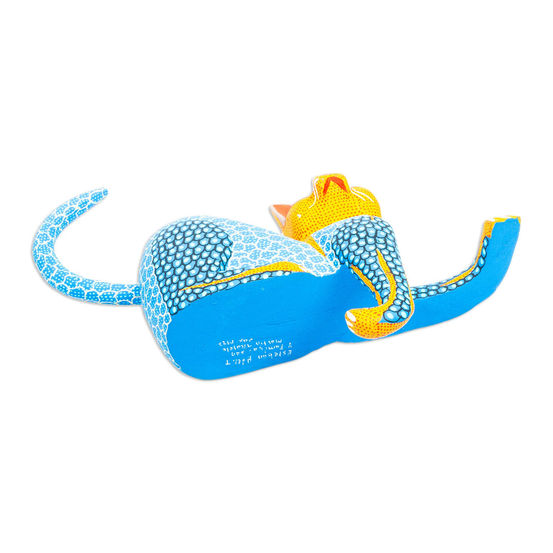 Copal Wood Cat Alebrije in Blue for Shelves from Oaxaca - My Domain in Blue