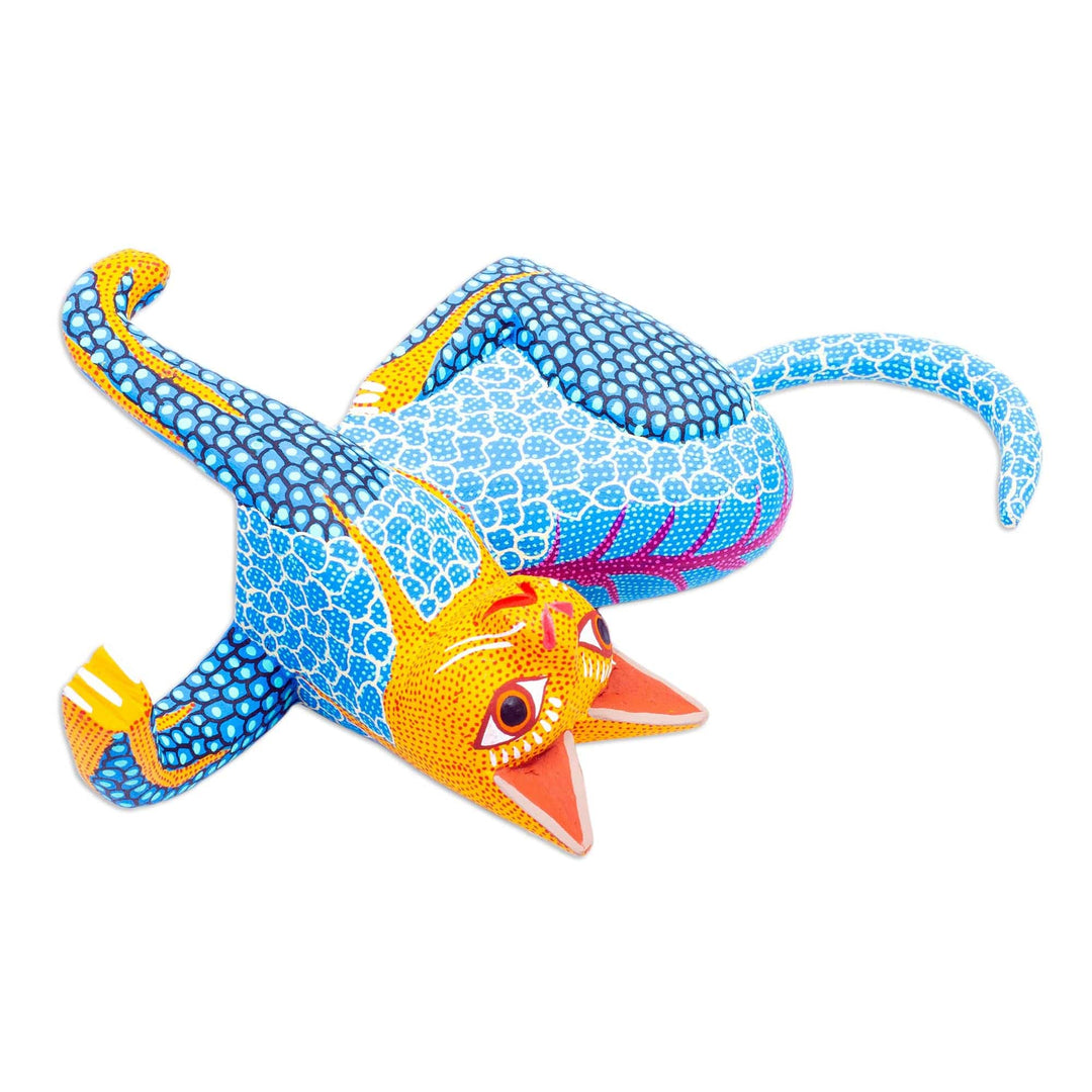Copal Wood Cat Alebrije in Blue for Shelves from Oaxaca - My Domain in Blue