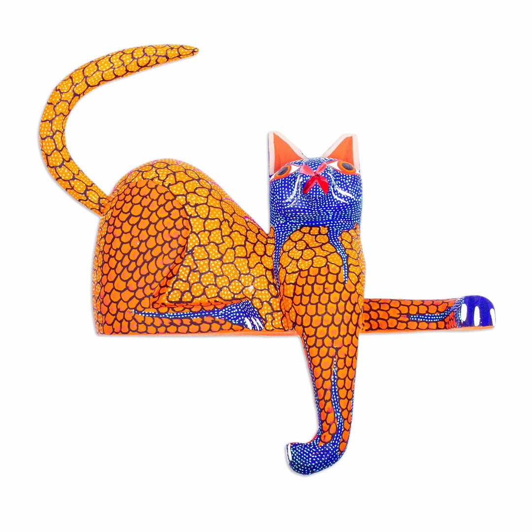 Blue and Gold Copal Wood Cat Alebrije from Oaxaca - My Domain in Gold